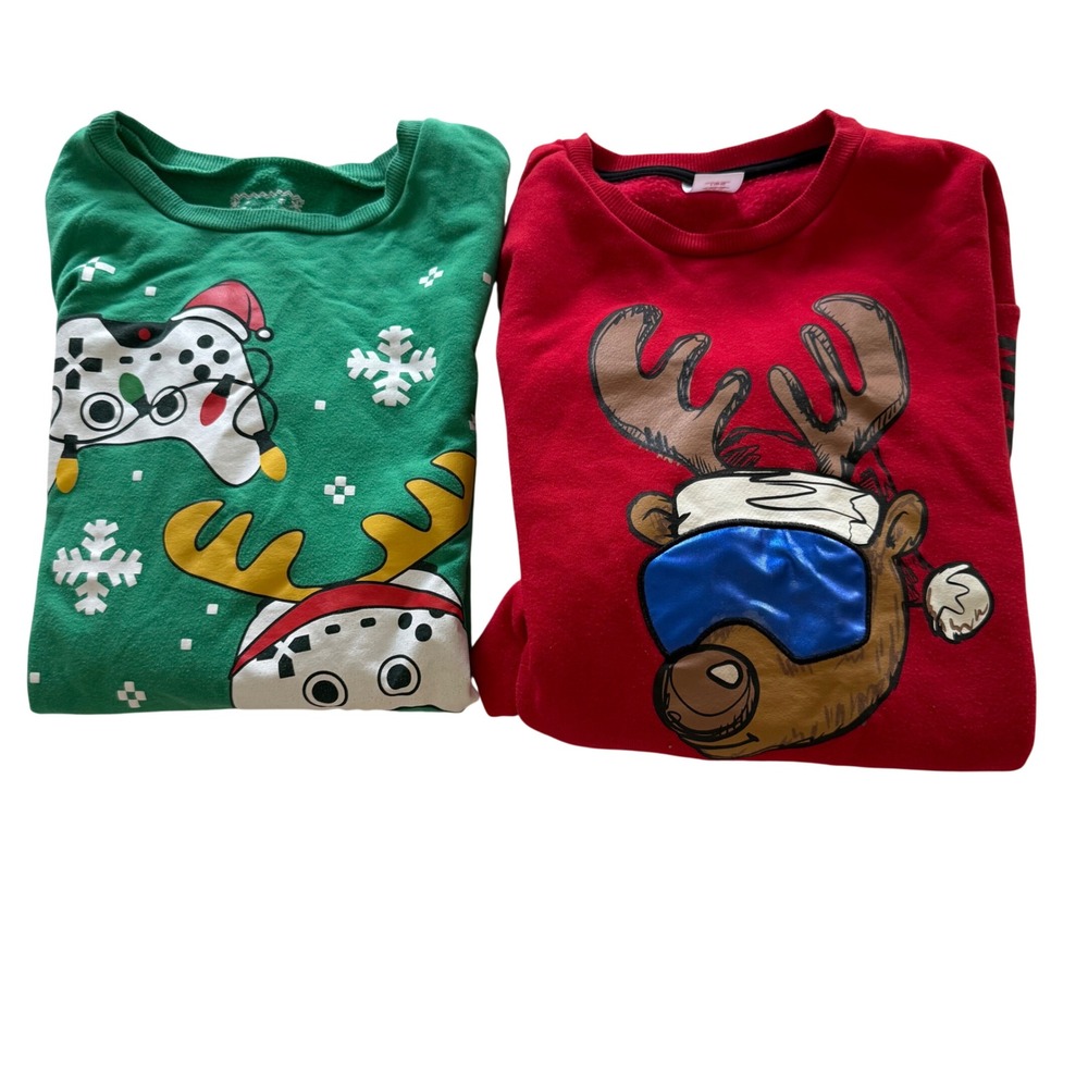 Holiday Sweatshirt L 10/12 Kids Large Green Red Reindeer Gaming Skiing Christmas